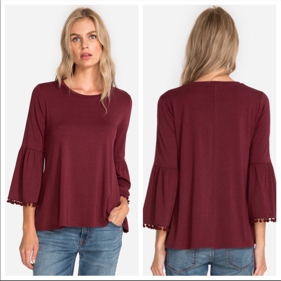 Johnny Was | Bell Sleeve Pom Pom Trim Top Wine XS - Picture 1 of 9